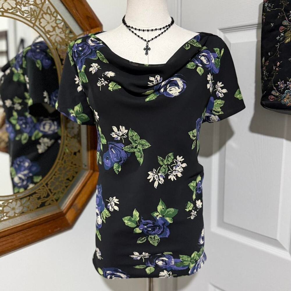 NWT Vintage 90s Worthington Black & Purple Floral Cowl Neck Short Sleeve Top 14